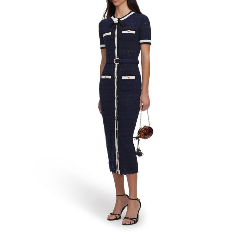 Self-Portrait Women Navy Blue Perforated Knit Midi Dress - Picture 4 of 5